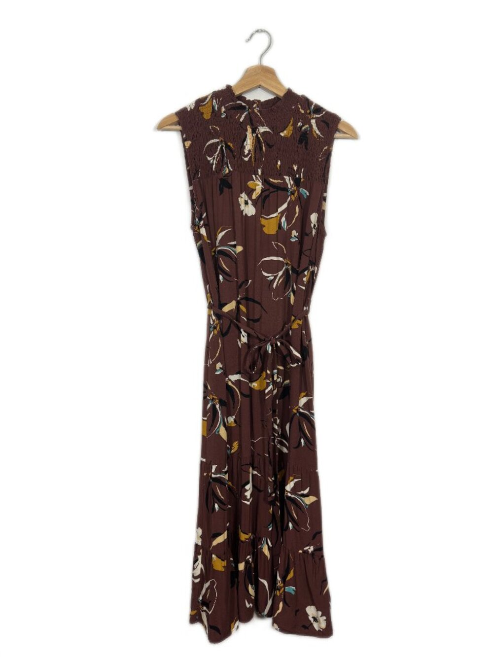 DR2 Women's Smocked Floral Tiered Dress Large Cottagecore Fall Layering Flowy
